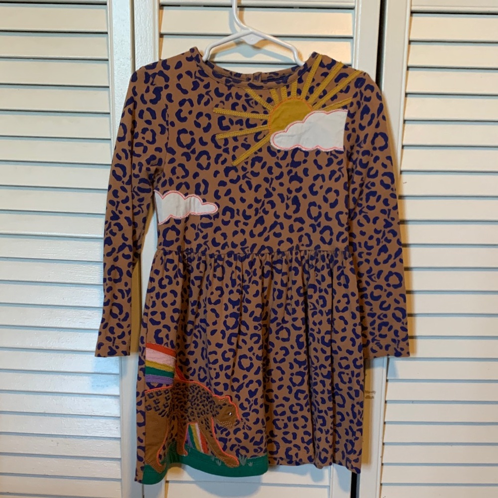 Mini Boden Leopard Print Long Sleeve Dress with Sun and Cloud Design